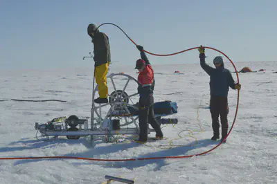Our research team getting the hot-water drill started on the morning of a drilling day.