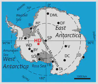 A map of ice core drilling sites in Antarctica with Herc Dome shown in red (borrowed from [T.J. Fudge](https://antarcticfudgesicles.wordpress.com/2018/11/17/hercules-dome-antarctica/)).